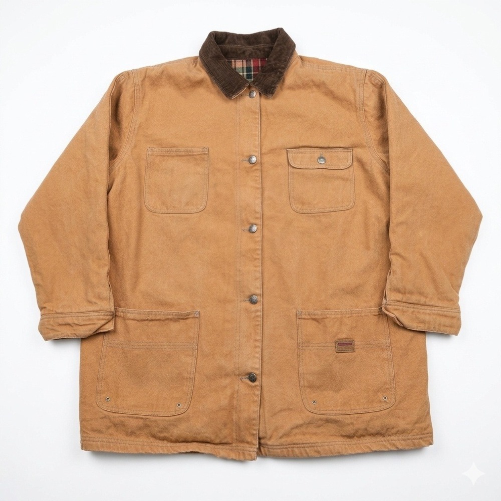 River Edge Barn Jacket Mens 1X Brown Canvas Flannel Lined Corduroy‎ Collar Chore